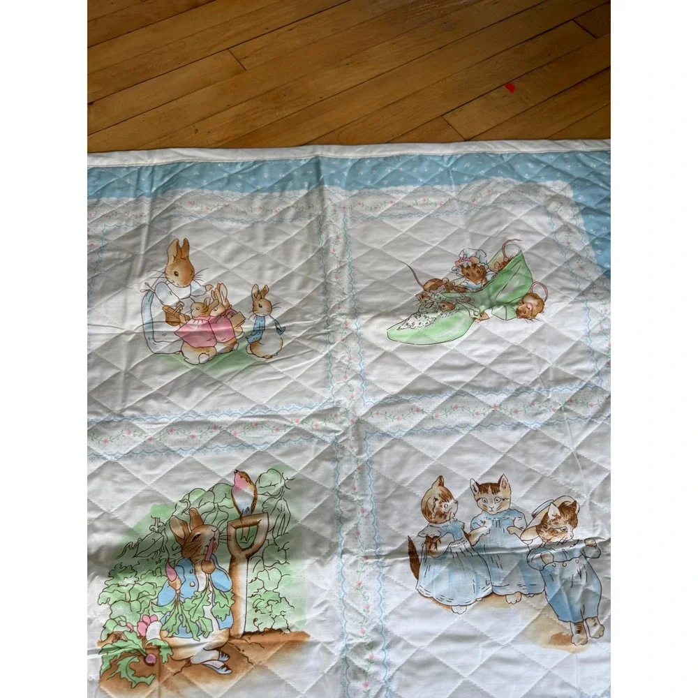 Vintage Beatrix Potter Peter Rabbit Quilted Baby Blanket Blue White 45x35